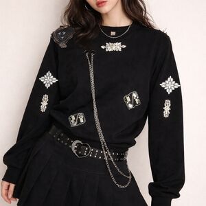 Bobby Carr Black Embellished Crewneck Sweatshirt Size S Crystals Whimsigoth
